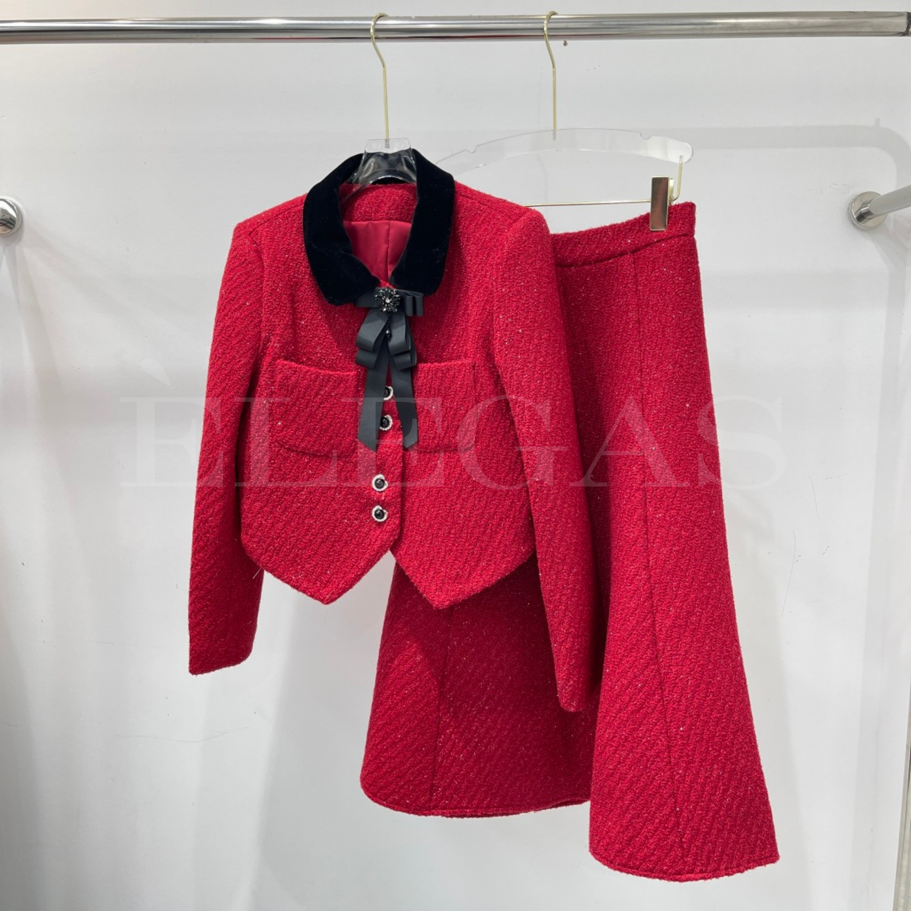 Chanel Red Tweed Jacket & Skirt Set